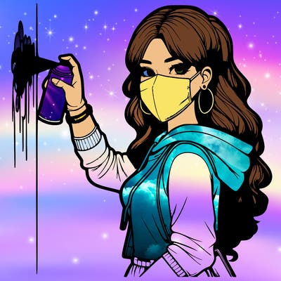 realistic girl with mask spray painting a wall