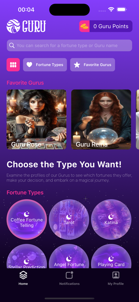 Guru Tarot - Tela principal do aplicativo Guru Tarot com conselheiros espirituais e várias opções de adivinhação como leitura de café e tarot.