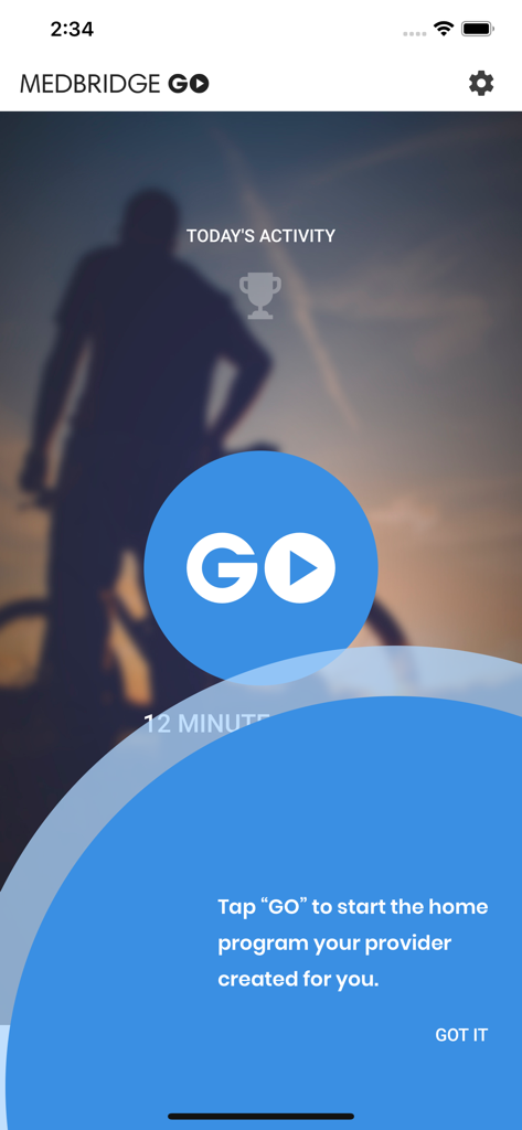 Medbridge GO app dashboard with a Go button to start a prescribed home exercise program.
