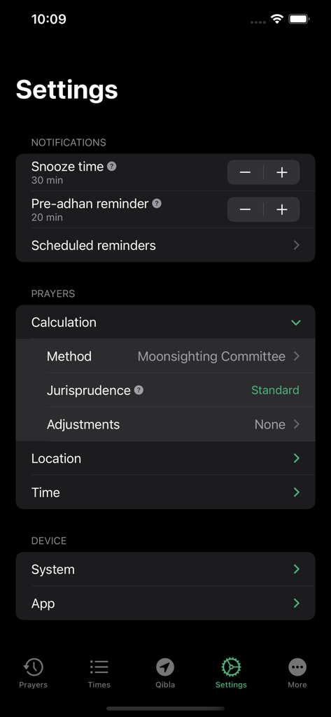 Pray Watch - Interface des paramètres de l'application Pray Watch affichant les préférences de notification et les méthodes de calcul des prières en mode sombre.