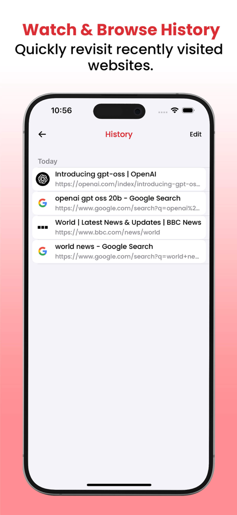VidTube - PIP Video Player - Screenshot of the watch and browse history interface in the VidTube app showing recently visited websites.
