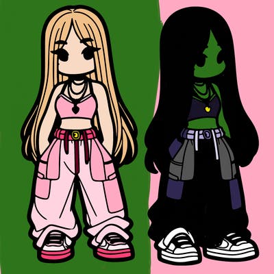 girl in baggy pants crop top and long hair