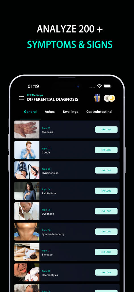 Differential Diagnosis | DDx - Una interfaz de aplicación móvil que muestra una lista de más de 200 síntomas y signos médicos para el diagnóstico diferencial