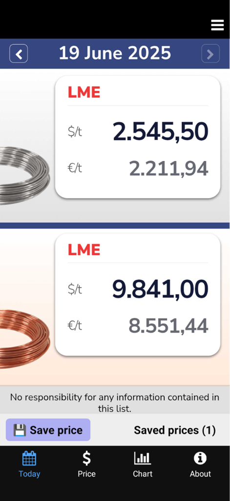 모바일 앱 대시보드에 표시된 USD 및 EUR 기준 실시간 구리 및 알루미늄 LME 가격.