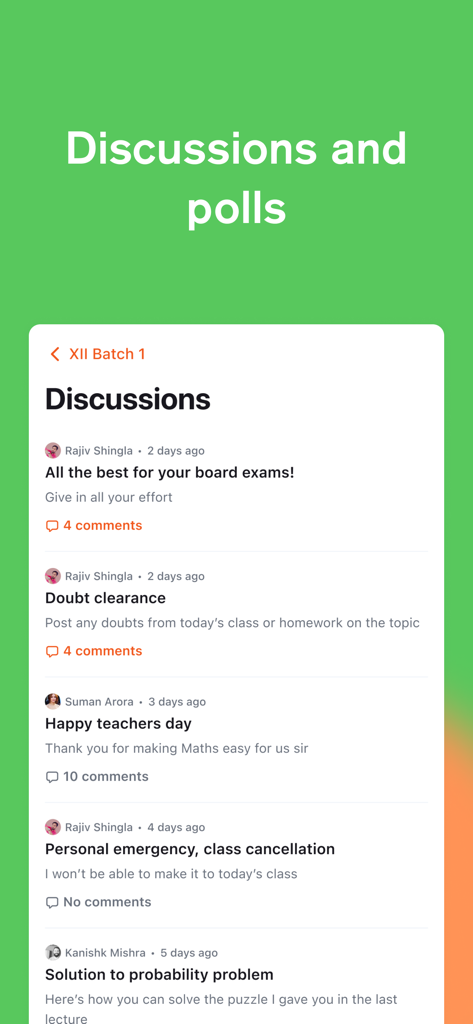 A mobile screen showing the discussion board feature in the Wise app with various teacher and student posts