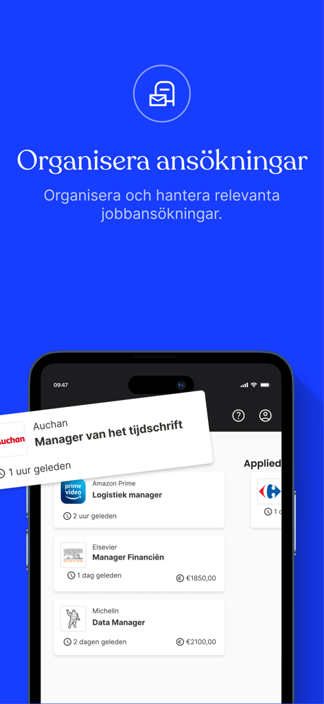 CV.se: Online CV maker - A mobile screen showing the job application tracking feature of the CV.se app.