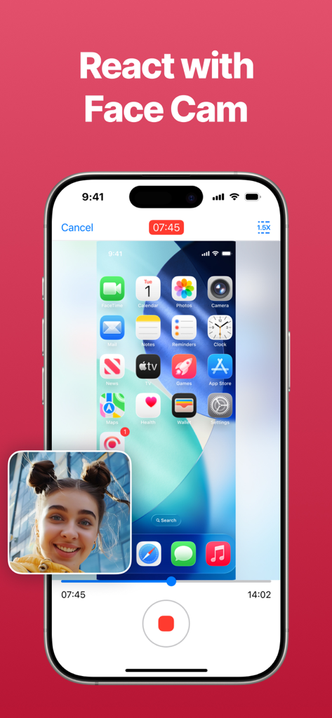 Screen recorder - video - Una pantalla de iPhone que muestra una grabación de vídeo de una pantalla de inicio móvil con una pequeña ventana de imagen en imagen que muestra a una mujer reaccionando a través de la cámara facial.