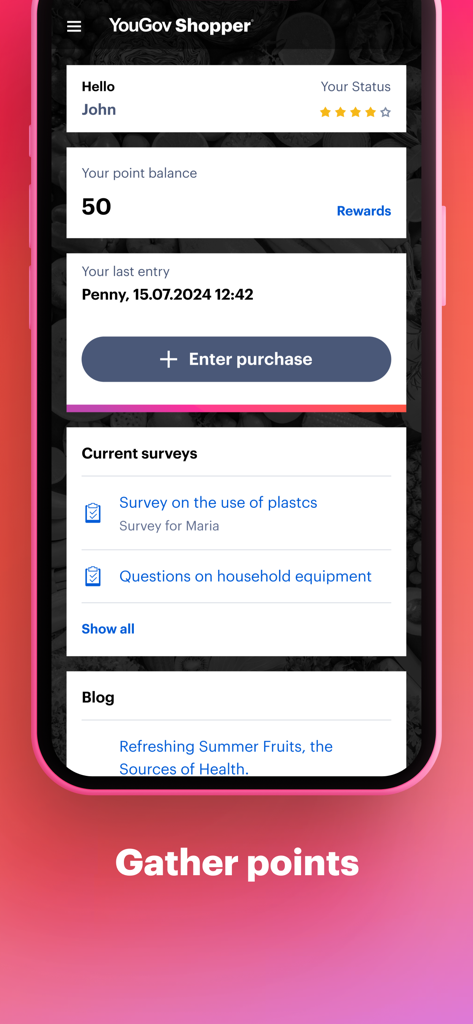 YouGov Shopper - YouGov Shopper app dashboard showing point balance and available surveys to earn rewards