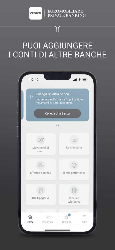 Credem Euromobiliare PB - Schermata di aggregazione conti dell'app mobile Credem Euromobiliare Private Banking per collegare e gestire più conti bancari