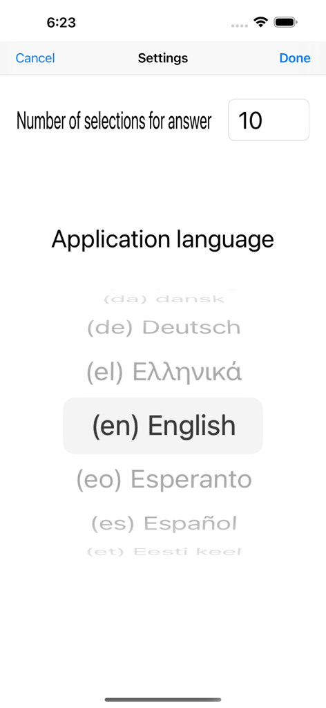 United States-ML - Einstellungsbildschirm der United States-ML App, der den Auswahldialog für die Anwendungssprache und die Antwortoptionen zeigt.