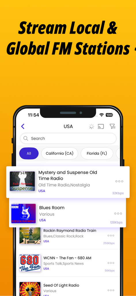 Radio FM: Music, News & Sports - Radio FM app interface displaying a list of USA radio stations including Mystery and Blues with location filters for California and Florida
