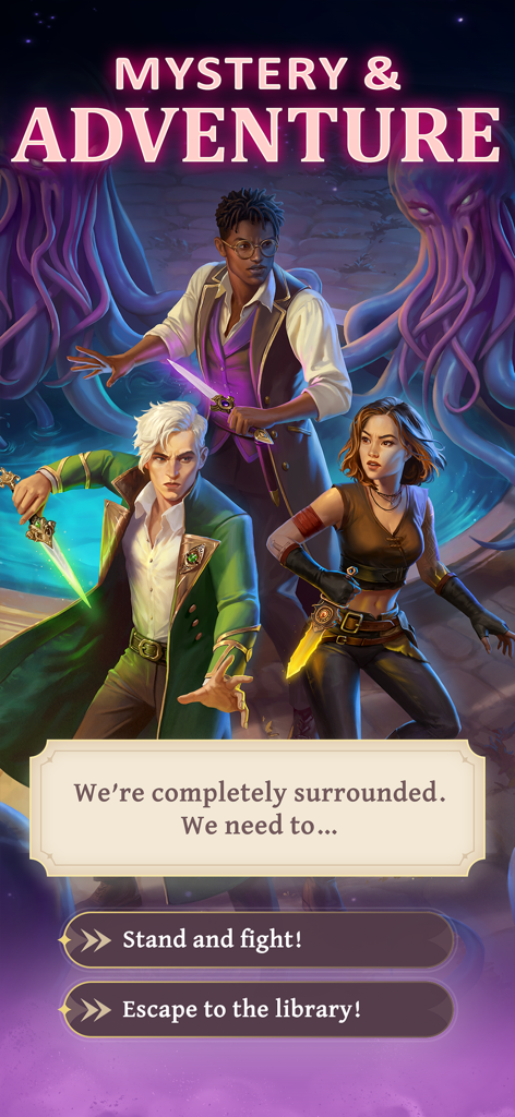 Three characters holding glowing daggers while surrounded by tentacled monsters with choice options to fight or escape