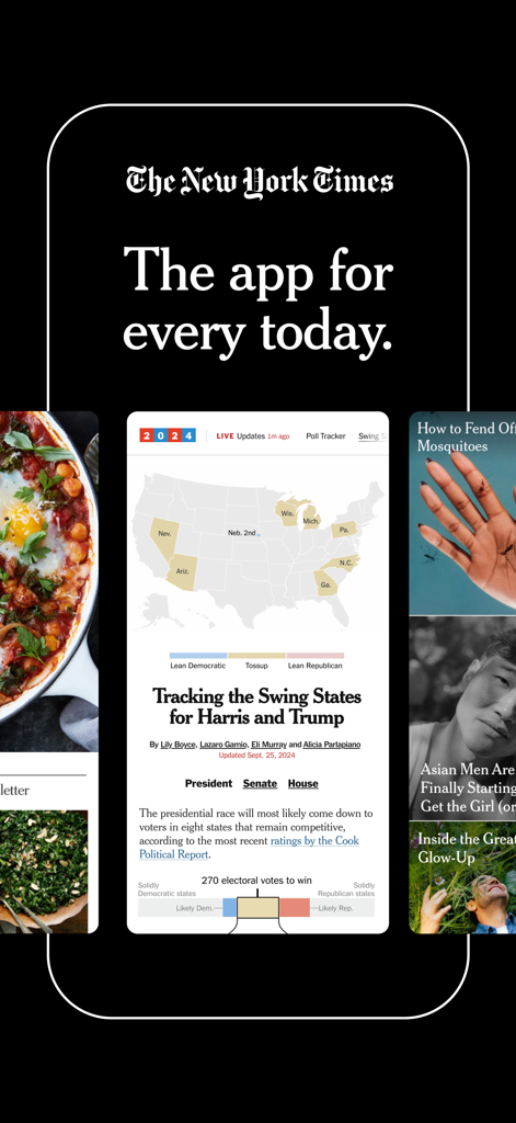 NYTimes: US and Global News - A interface do aplicativo móvel The New York Times mostrando um rastreador de estados oscilantes nas eleições de 2024 e artigos de estilo de vida