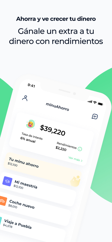 A mobile app screen showing the Minu savings feature with account balance and personalized financial goals