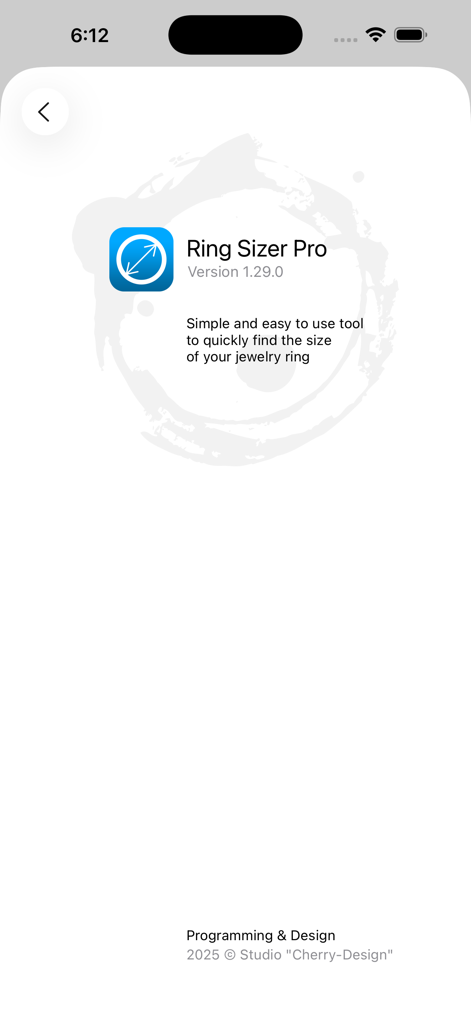 Ring Sizer Pro - Ring Sizer Pro app screen showing the logo, version number, and a description of the tool for finding ring sizes.