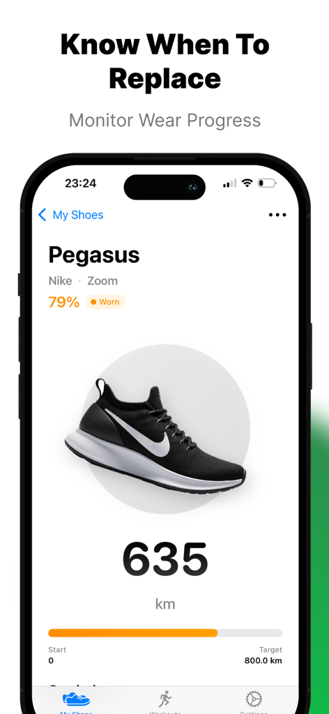 Shoe Tracker app interface showing 635 kilometers tracked and wear progress for a Nike Pegasus running shoe