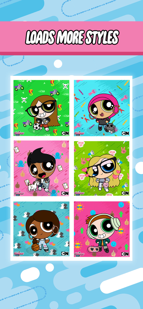 Una collezione di sei diversi personaggi Powerpuff personalizzati che mostrano stili e accessori diversi.