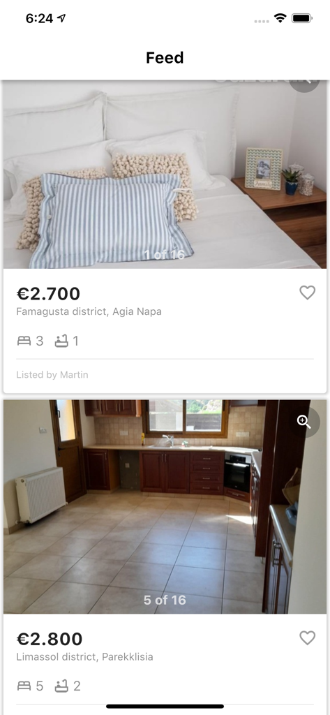 Homy - Una interfaz de aplicación móvil que muestra un feed de listados de bienes raíces en Chipre, incluyendo fotos de propiedades e información de precios.