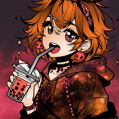hot baddie anime girl drinking boba and biting the straw