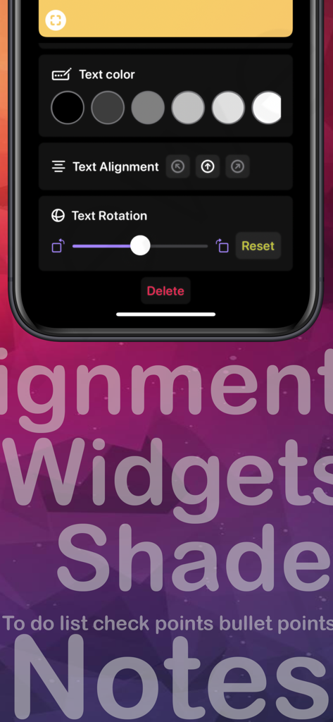 Menú de personalización de color de texto, alineación y rotación en la aplicación de notas adhesivas Jot Down.