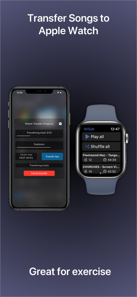 iPhone y Apple Watch mostrando el progreso de transferencia de música para escucha sin conexión en la aplicación AVSub