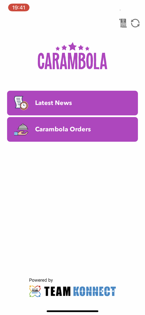 CARAMBOLA - Startbildschirm der Carambola-App mit Menüoptionen für aktuelle Nachrichten und Schulmahlzeitenbestellungen.