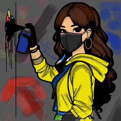 realistic girl with mask spray painting a wall