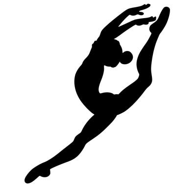 gymnast doing a leap in a leotard with a bent back leg