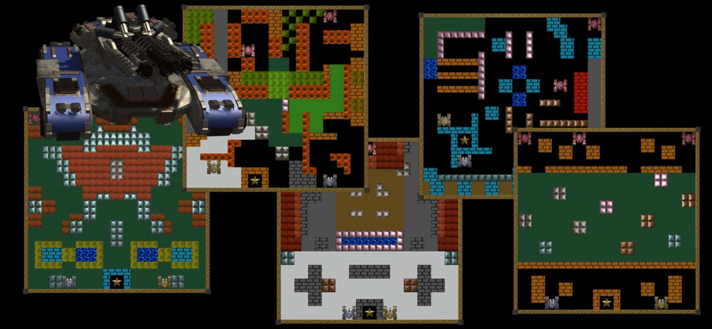 Infinity Tank Battle - Eine Collage, die verschiedene Retro-Stil-8-Bit-Panzerschlachtkarten und Gameplay-Levels zeigt