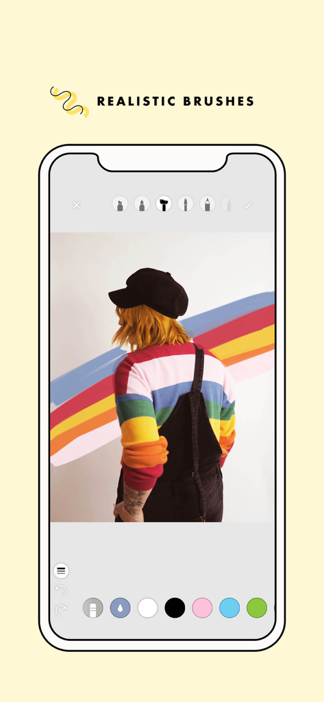 A Design Kit: Collage Maker - A Design Kit app interface showing realistic brushes adding colorful paint strokes to a photo.