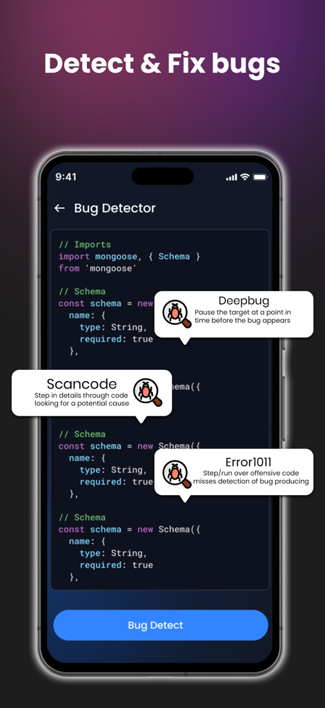 Dev AI – Learn Coding - Dev AI 모바일 앱이 AI 기반 버그 감지 및 코드 분석 인터페이스를 보여줍니다.