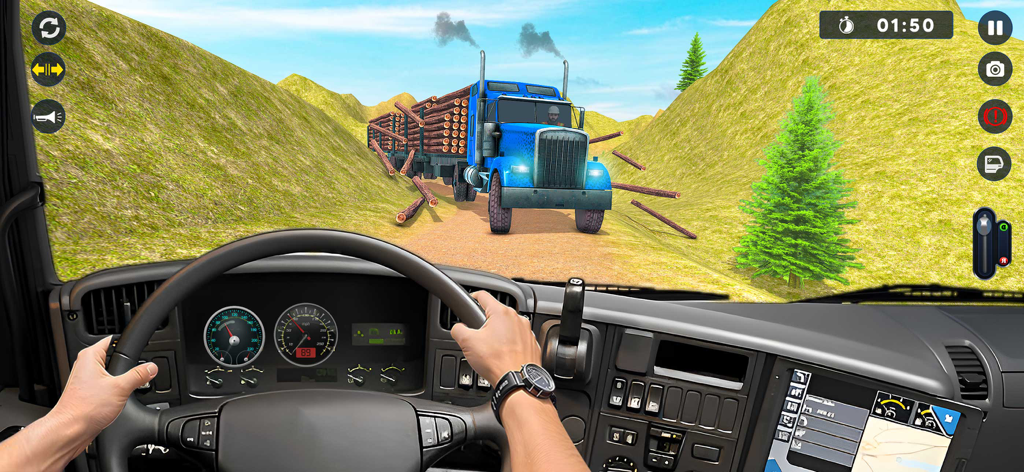 Offroad Cargo Truck Challenge - First person view from the interior of a truck driving on a mountain trail