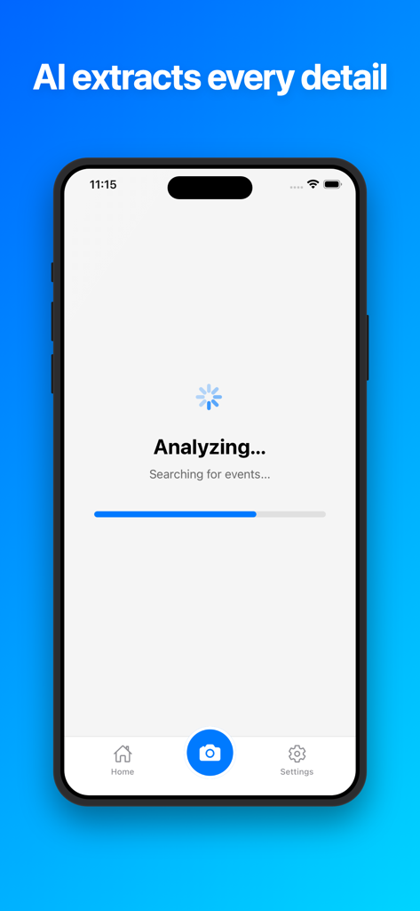 Klikk - Events - A screenshot of the Klikk app showing its AI extracting event details from a photo with an Analyzing progress bar.
