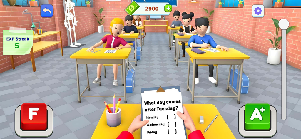 Teacher or Student - Vista en primera persona de un juego simulador de profesor donde el jugador está calificando un examen de opción múltiple en un aula.