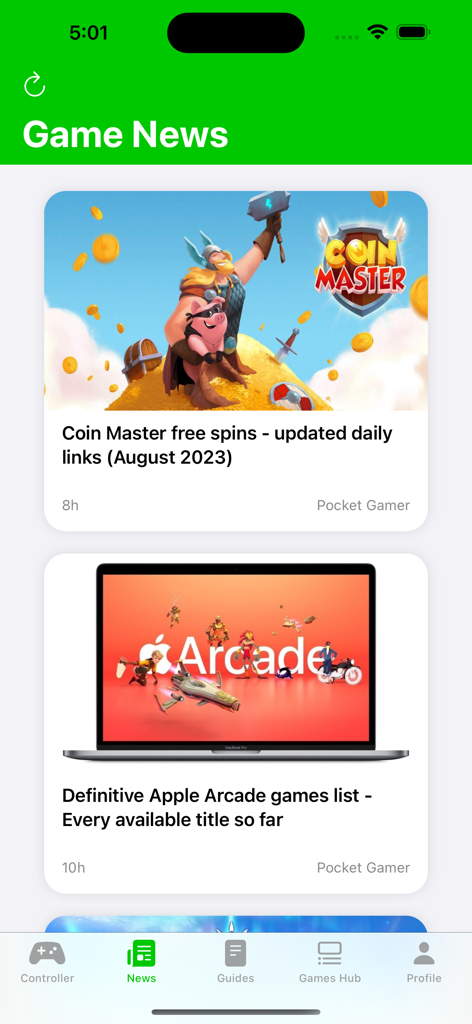 Game News-Bereich der mobilen Benutzeroberfläche von Game Controller Apps, der Gaming-Nachrichten-Karten anzeigt