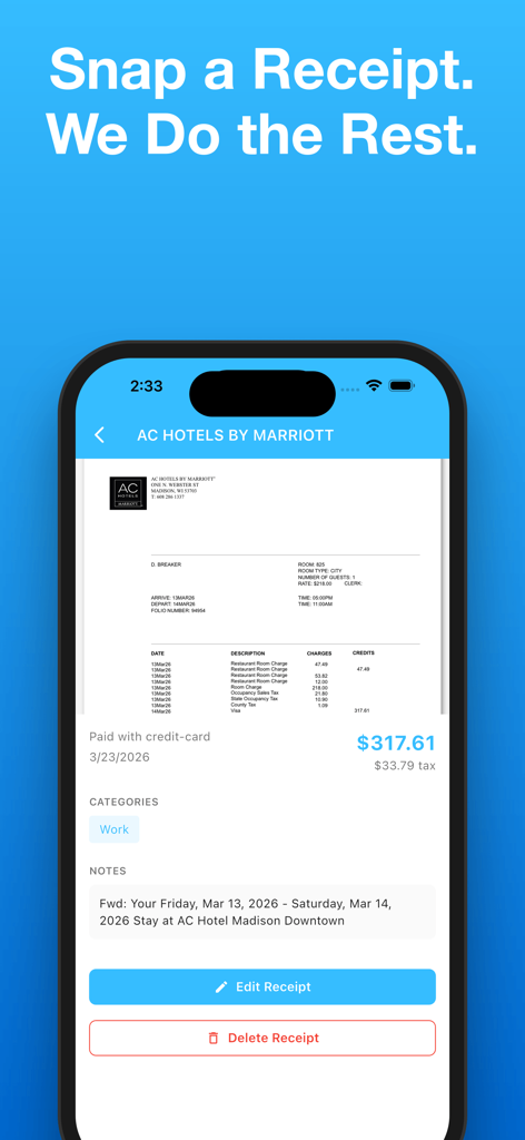 Shoeboxed: Receipt Scanner - A scanned hotel receipt displayed in the Shoeboxed mobile app showing categorized business expense data