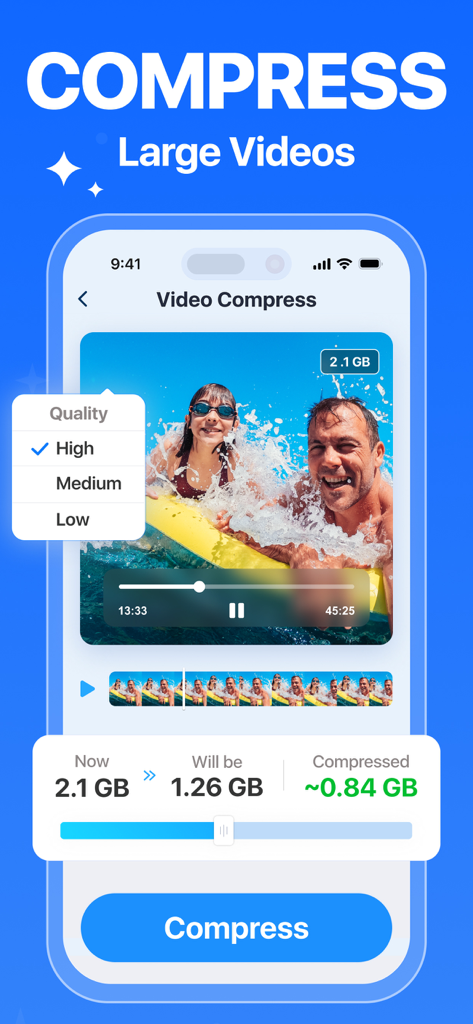 Interfaz de una aplicación limpiadora de teléfonos que muestra un video comprimiéndose de 2.1 GB a 0.84 GB para ahorrar espacio de almacenamiento.