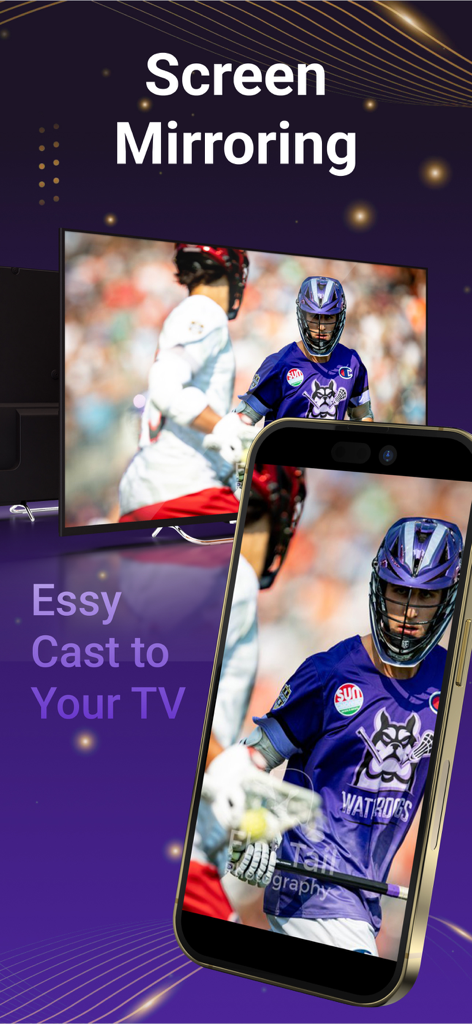 Remote for Roku TV App - Tela do smartphone espelhando um vídeo de esportes para uma TV via aplicativo de controle remoto Roku