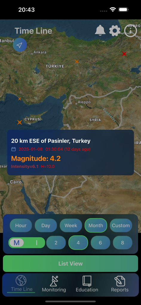 GeoQuake app interface showing an earthquake magnitude 4.2 in Turkey on a satellite map