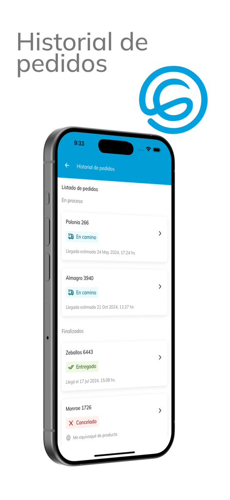 iPhone-Bildschirm, der die Bestellhistorie der Gasconnect-App mit Statusaktualisierungen für Gasflaschenlieferungen anzeigt