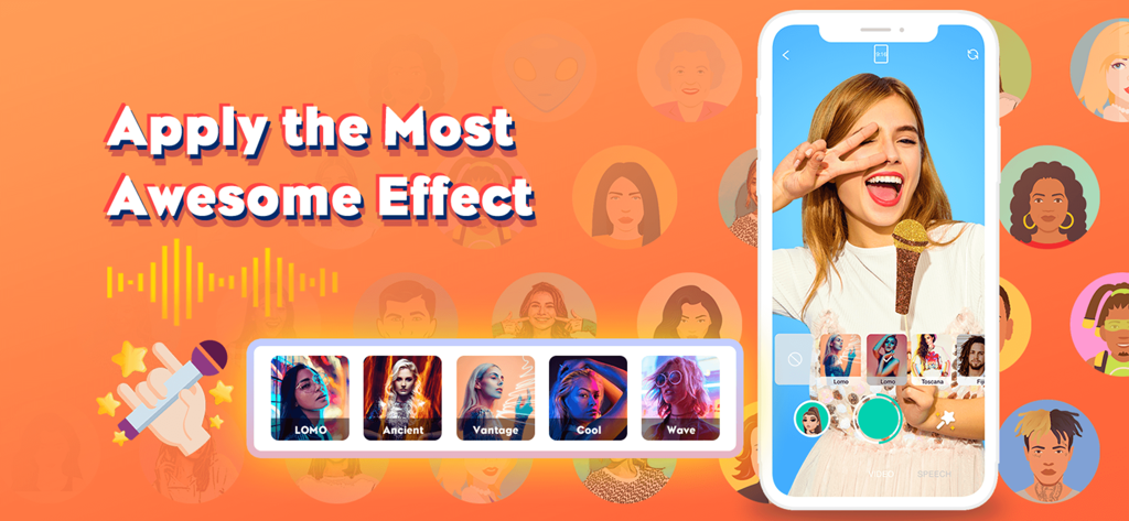 Funny Voice Effects & Changer - Un smartphone mostrando a una mujer joven usando filtros de vídeo y efectos de voz con opciones como LOMO y Vantage