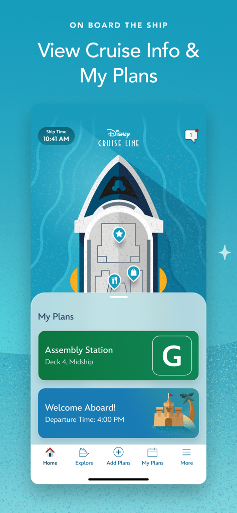 Screenshot of the Disney Cruise Line Navigator app showing onboard cruise information and travel plans.