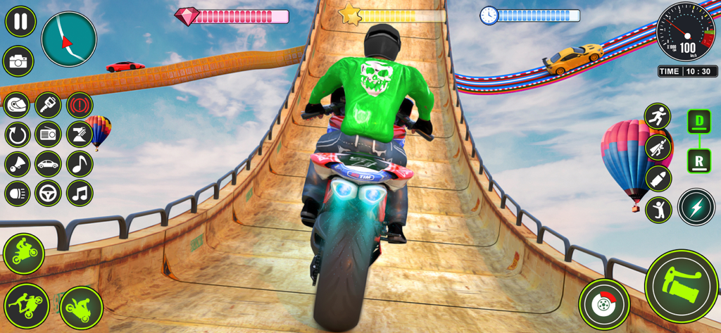 Mega Ramp Bike Stunt Games - A motorcycle rider in a green skull shirt navigating a massive wooden ramp in a sky-high stunt game.