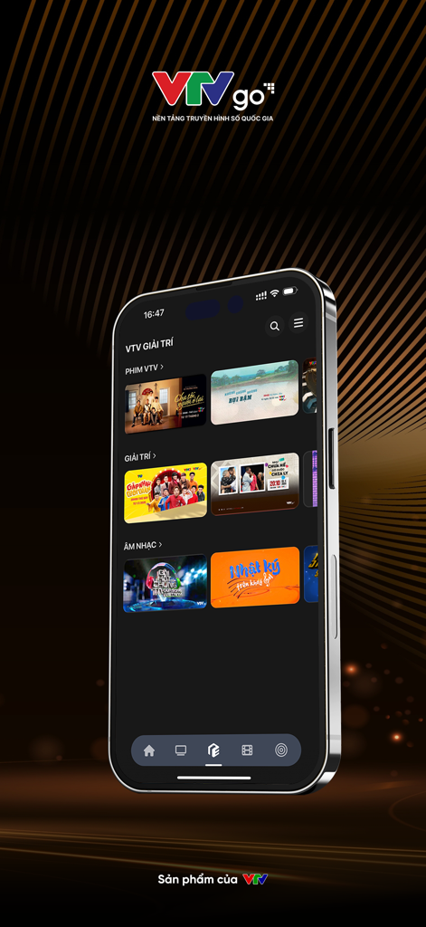 VTV Go Truyền hình số Quốc gia - VTV Go mobile app interface showing Vietnamese movie and music categories on an iPhone screen