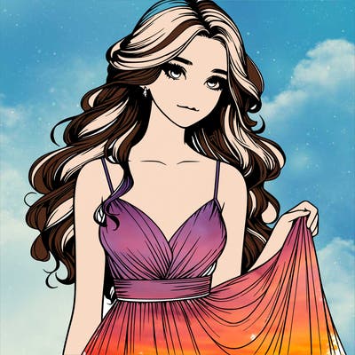realistic girl in flowy silky prom dress