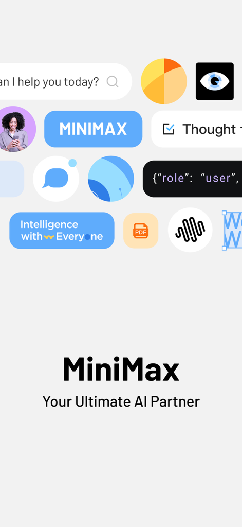 A collage of MiniMax AI Agent features including code, pdf, and voice icons with the slogan Your Ultimate AI Partner
