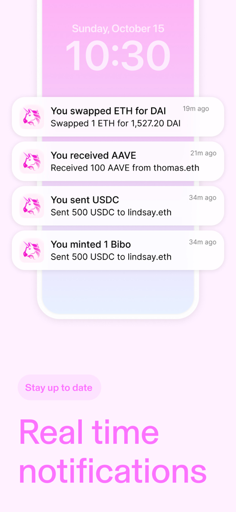 Uniswap Wallet Echtzeit-Push-Benachrichtigungen für Krypto-Swaps und Transaktionen auf dem Sperrbildschirm eines iPhones