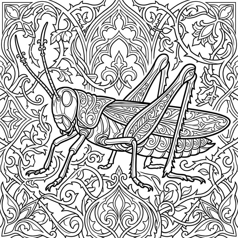 Unleash your creativity with this stunning Gothic Grasshopper coloring page. Immerse yourself in a world of intricate details, ornate patterns, and melancholic elegance, perfect for adult colorists seeking a unique challenge.