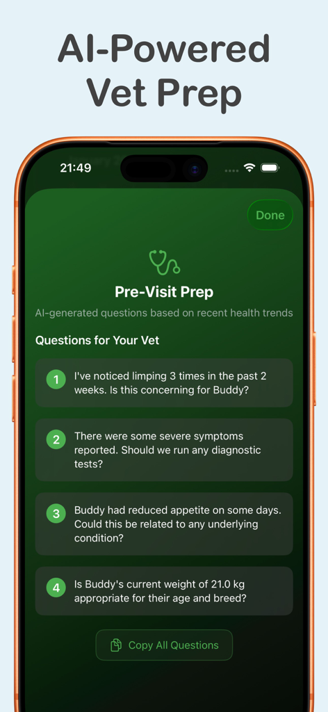 PetLog: AI Health Tracker - A screen from the PetLog app showing AI-generated questions for a veterinarian visit based on recorded pet health trends.