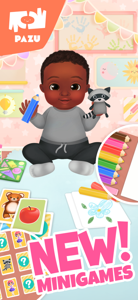 A baby character holding a crayon and a raccoon toy in a nursery with coloring activities and a text overlay saying NEW MINIGAMES.
